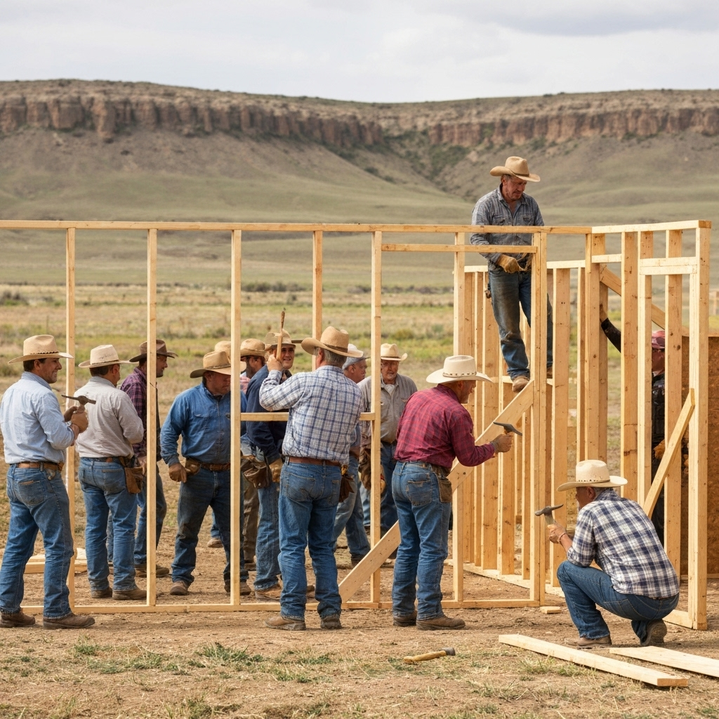 Wyoming community barn raising with neighbors helping
