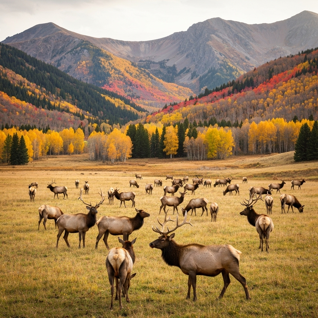 Wyoming elk herd grazing in mountain meadow